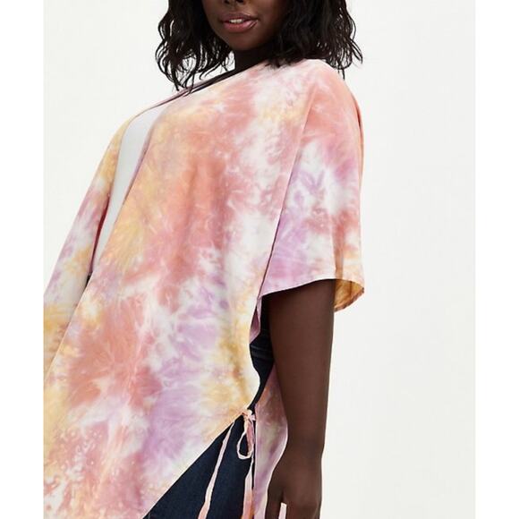 Torrid Pink Tie Dye Side Tie Open Front Long Ruana Kimono One Size NWT - Picture 6 of 8